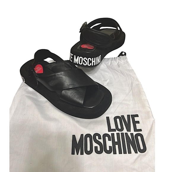 Love Moschino Sandals Black leather crossover pattern with buckle closure sz 38 - Picture 2 of 15